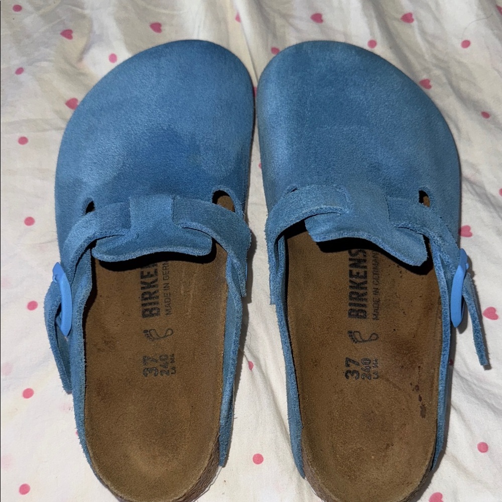 Birkenstock teal Boston suede clogs
